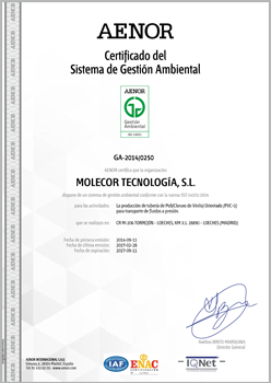 Certificat AENOR ISO 14004:2015 pour la production de tuyaux et raccords en poly(chlorure de vinyle) Bi-Orienté (PVC-BO) pour le transport de fluides sous pression.