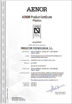 AENOR product certificate,  N mark for ecoFITTOM Oriented Poly(vinyl chloride) (PVC-O) fittings for channeling water systems, according to UNE-EN 17176 standard.