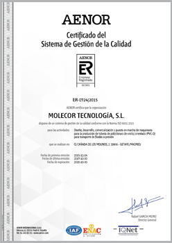 Certificate UNE-EN ISO 9001:2015 for the design, development, marketing and commissioning of machinery for the production of pipes made of oriented unplasticized poly(vinyl chloride) (PVC-O) for the conveyance of water under pressure.