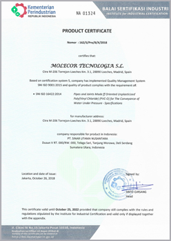 Product certificate in accordance with the Indonesian standard SNI ISO 16422:2014.