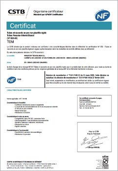 AFNOR product certificate,  NF mark for PVC-BO pipes, Poly (Chlorure de Vinile) Orienté Biaxial. NF mark for DN90 to 500 in PN16 and DN110 to 500 in PN25.