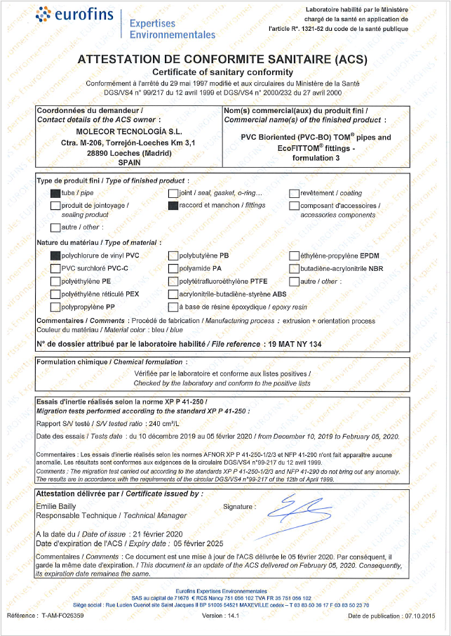 Certificado sanitario ACS (Francia) 