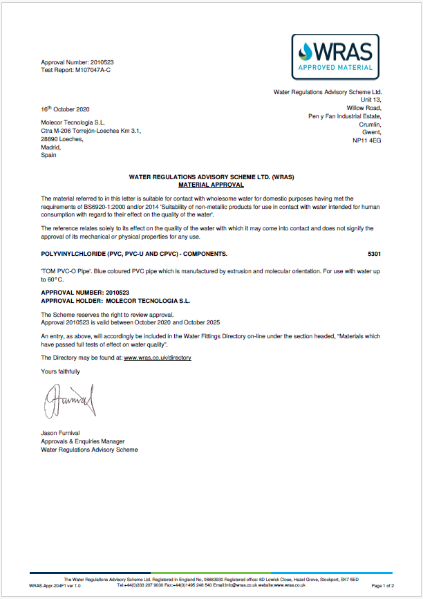 Certificado sanitario WRAS (Reino Unido)