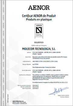 Certificat de Produit AENOR, marque N pour les accessoires en poly(chlorure de vinyle) Bi-Orienté (PVC-BO) pour les systèmes de canalisation d'eau, selon la norme UNE-EN 17176.