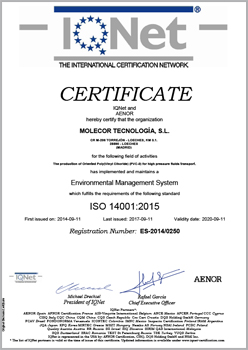 IQ Net certificate ISO 14001:2015 for the production of Oriented Poly(Vinyl Clhoride) (PVC-0) pipes and fittings for high pressure fluids transport.