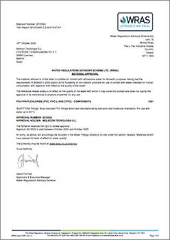 WRAS sanitary certificate, (UK). EcoFITTOM PVC-O fittings. For use with water up to 60 ºC