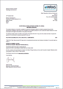 WRAS sanitary certificate, (UK). TOM PVC-O pipes. For use with water up to 60 °C