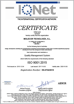 Certificate UNE-EN ISO 9001:2015 for the design, development, marketing and commissioning of machinery for the production of pipes made of oriented unplasticized poly(vinyl chloride) (PVC-O) for the conveyance of water under pressure.