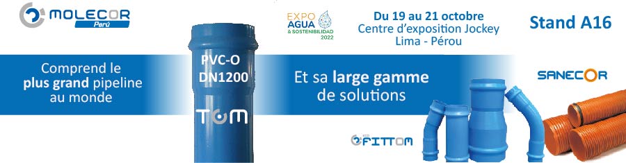 Molecor Perú participera à Expo Agua & Sostenibilidad 2022 (Eau & Développement durable) avec la dernière nouveauté de la société, le tuyau TOM® de DN1200 mm en PVC-BO 