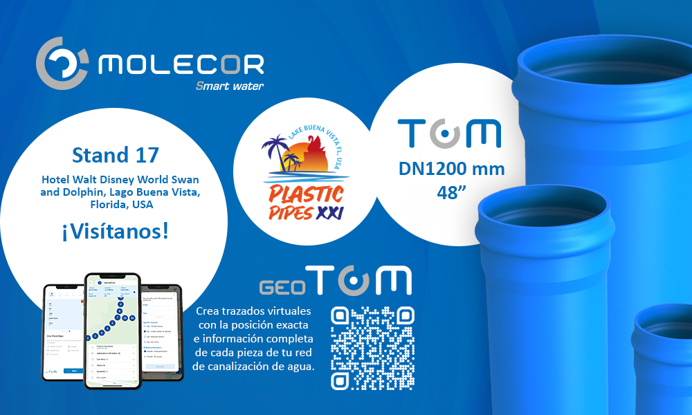 Molecor presentará importantes novedades en Plastic Pipes XXI: la tubería TOM® DN1200 mm y la aplicación geoTOM®