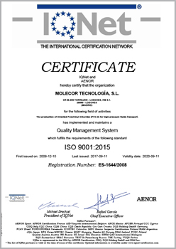 Certificat IQ Net ISO 9001:2015 pour la production de tuyaux et raccords en poly(chlorure de vinyle) Bi-Orienté (PVC-BO) pour le transport de fluides sous pression.