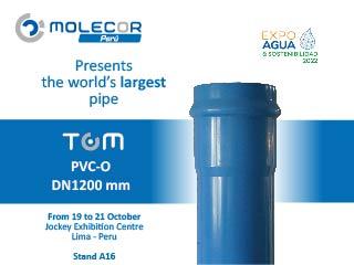 Molecor Peru will participate in Expo Agua & Sostenibilidad 2022 with the company's latest launch, the TOM® PVC-O DN1200 mm pipe Molecor Peru will participate in Expo Agua & Sostenibilidad 2022 with the company's latest launch, the TOM® PVC-O DN1200 mm pipe
